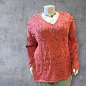 Coldwater Creek Size 3X Coral Long Sleeve V-Neck 100% Cotton Pullover Sweater